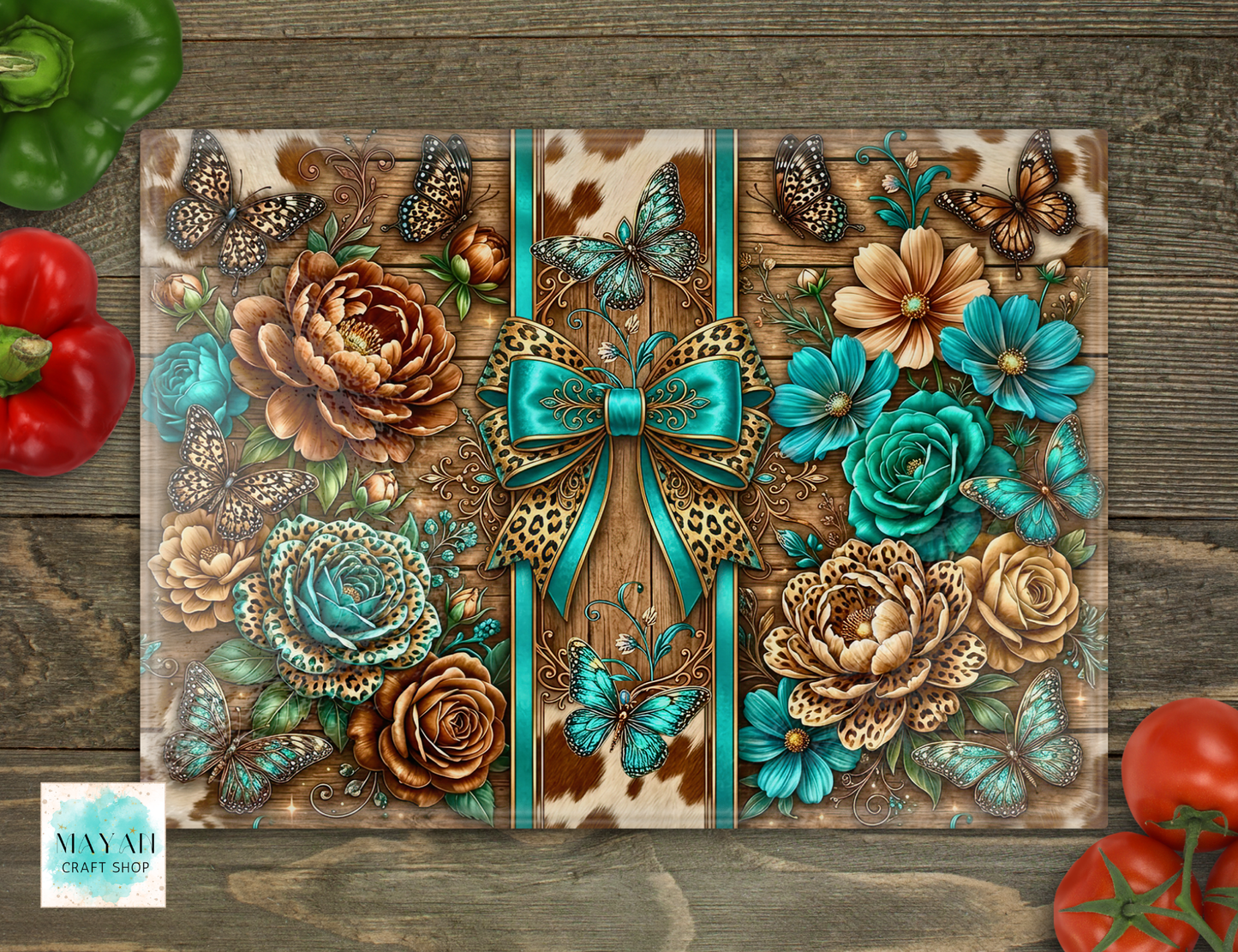 Teal Coquette Cowprint Cutting Board - Mayan Craft Shop