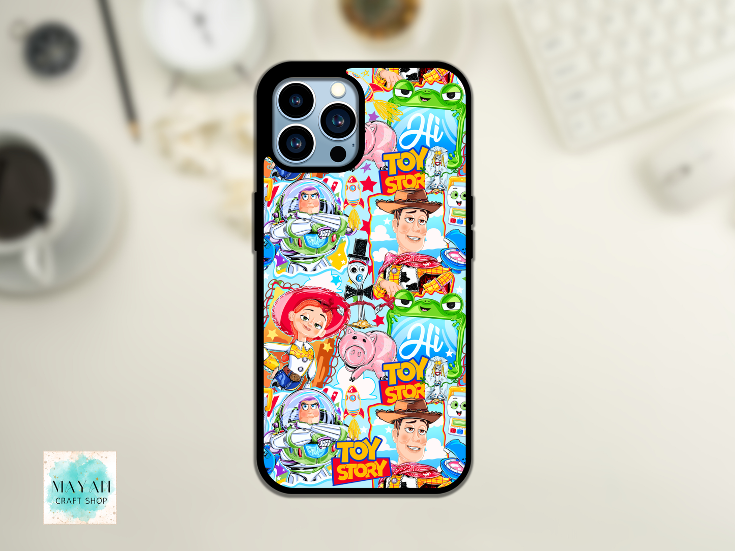 Phone case with characters and logos on a light background