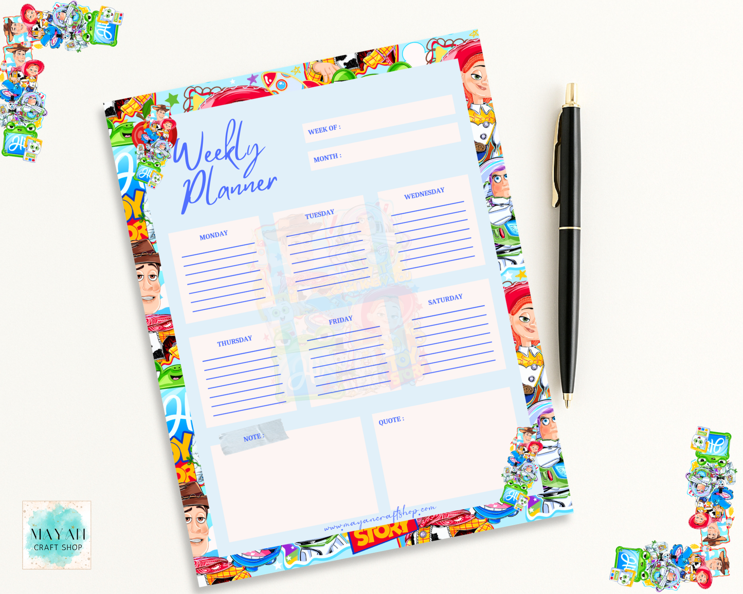 Weekly planner with colorful character design on a white background