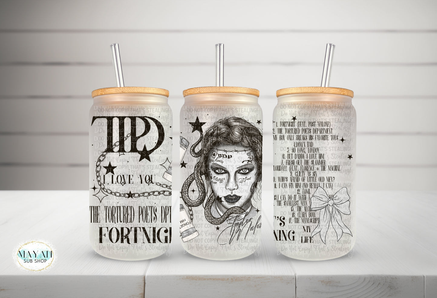 Snake T.T.P.D. 18 oz. frosted glass can. -Mayan Sub Shop