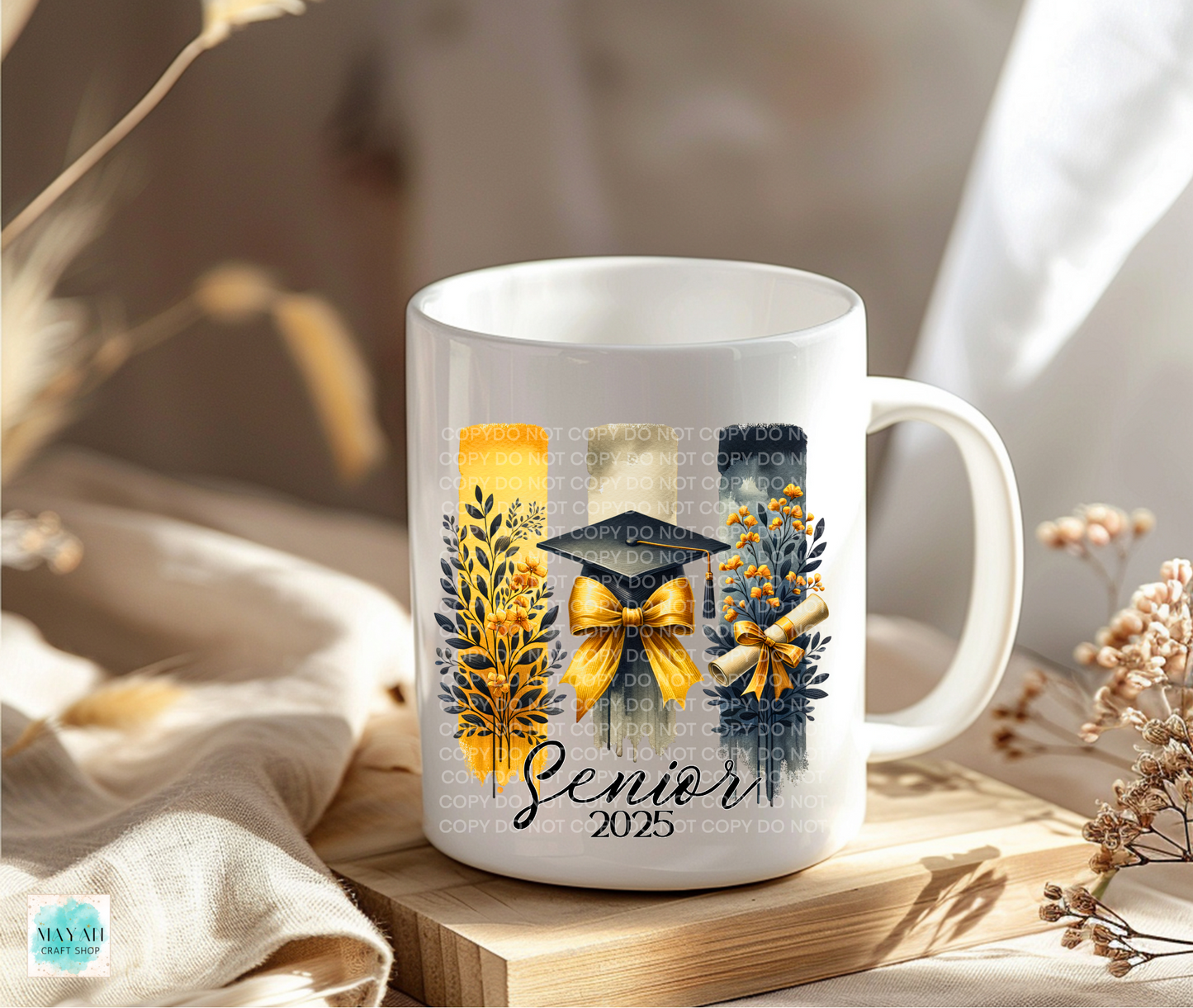 Yellow senior 2025 coffee mug. -Mayan Craft Shop