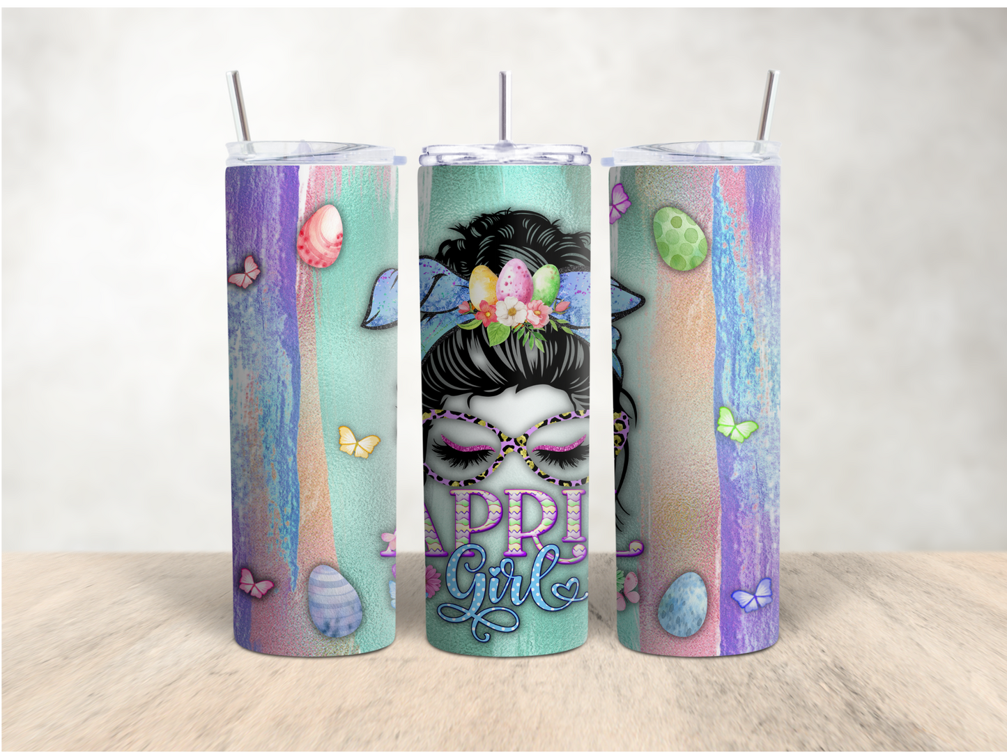 Birthday month 20 oz. tumbler | April girl messy bun - Mayan Sub Shop