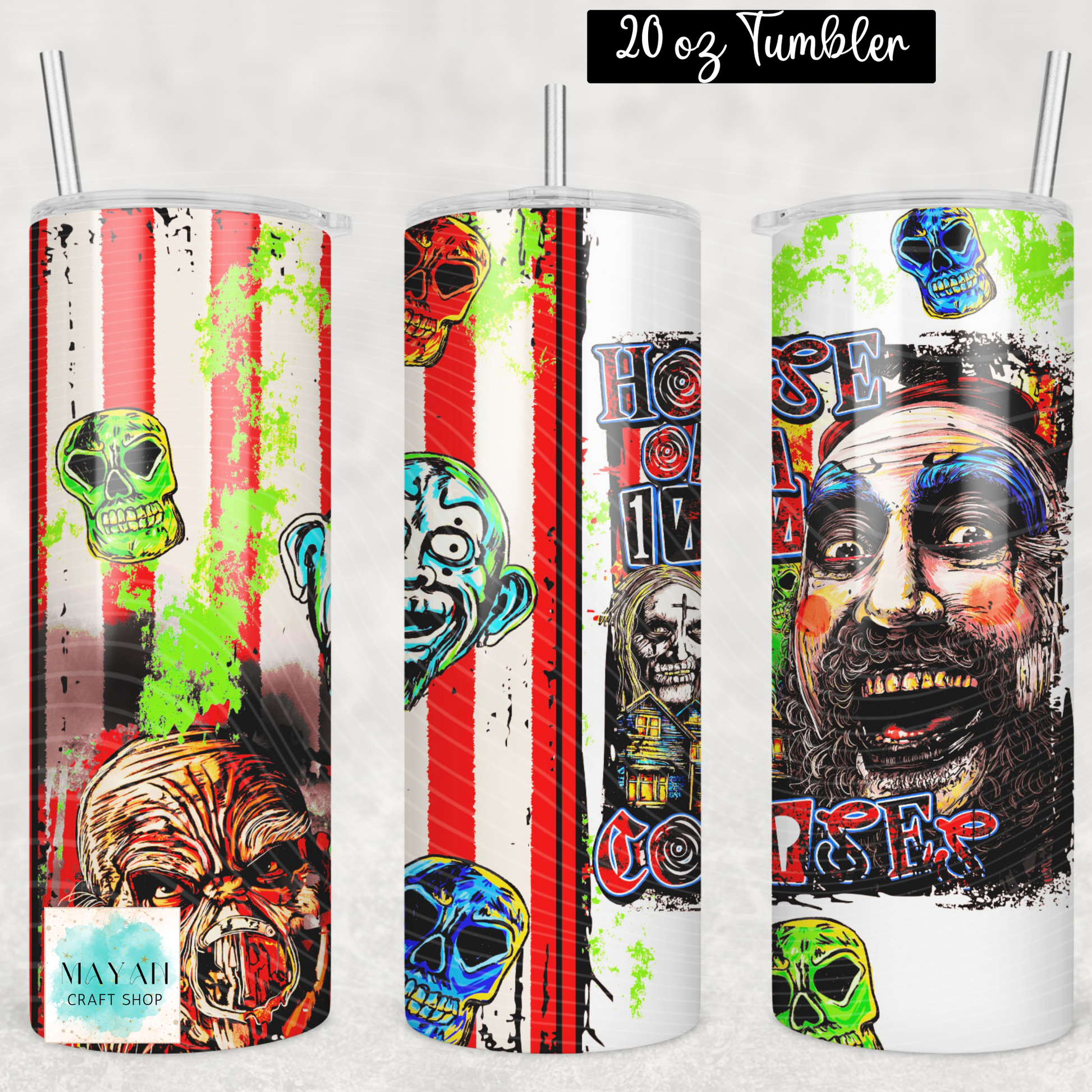 Three views of a 20 oz tumbler with a clear lid and straw, featuring a colorful Halloween-themed graphic print with skulls, ghosts, and a face illustration on a white background.