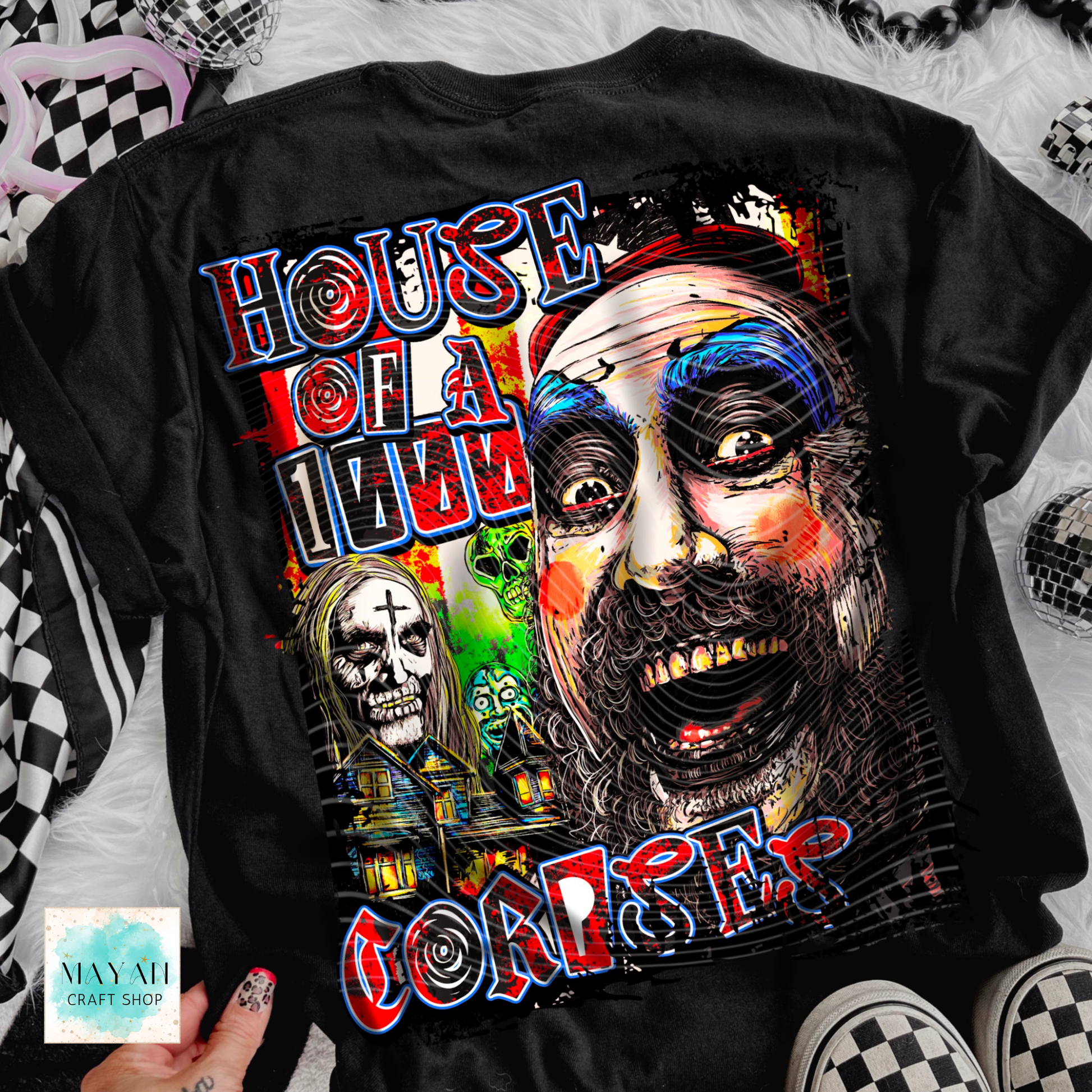 Creepy character black dtf shirt. -Mayan Craft Shop