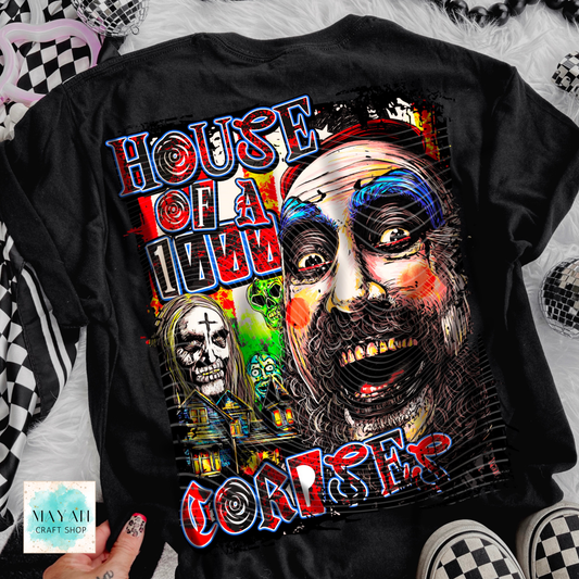 Creepy character black dtf shirt. -Mayan Craft Shop