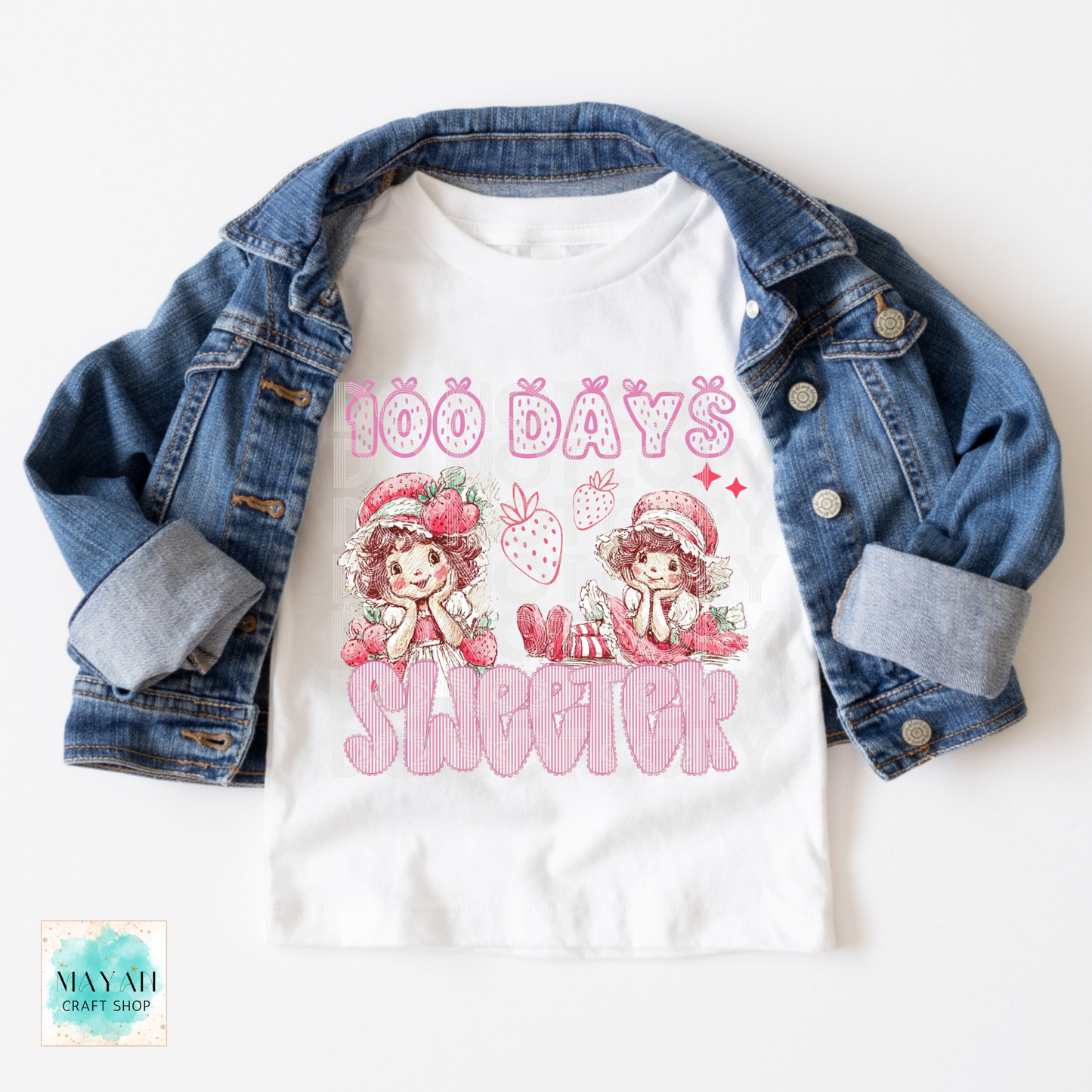 White t-shirt with '100 Days sweeter' design, denim jacket on a white background