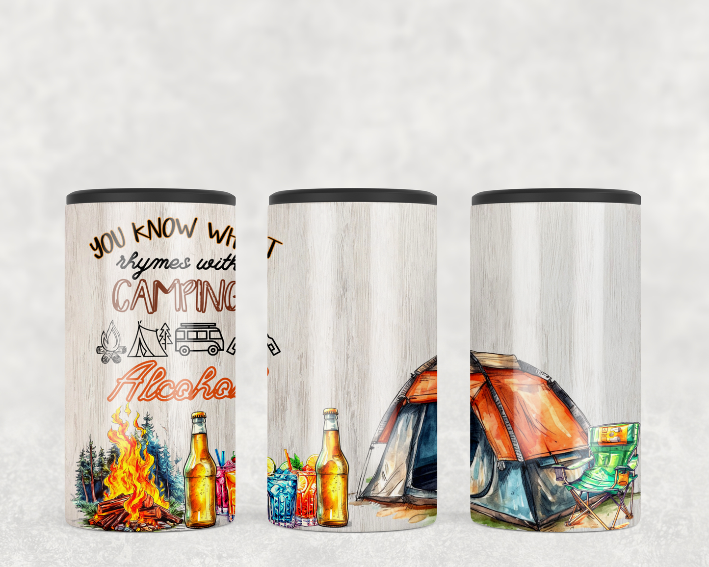 Camping tent design. Camping rhymes with alcohol 4-in-1 slim can cooler