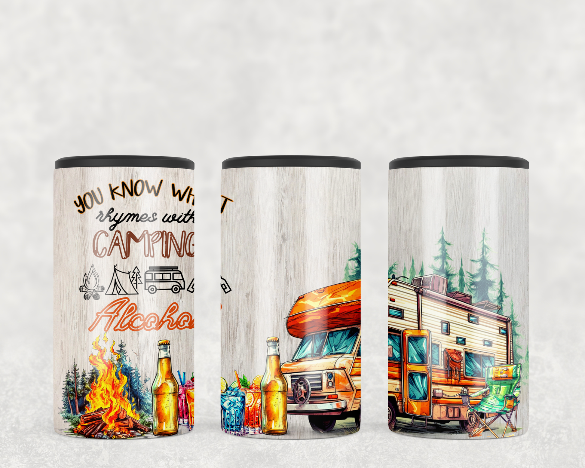 Camper design. Camper rhymes with alcohol 4-in-1 slim can cooler