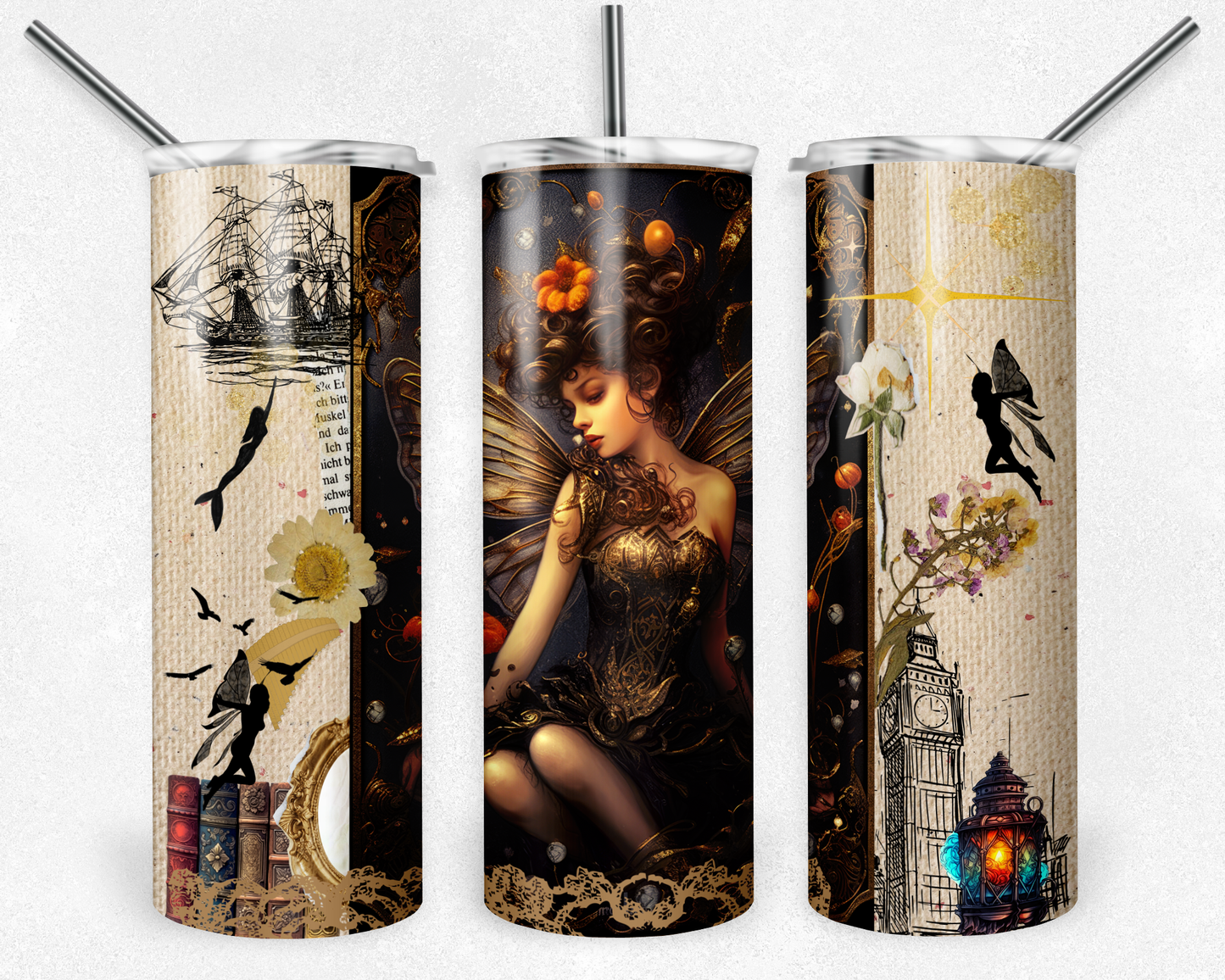 Fairy tink 20 oz. skinny tumbler. Image includes fairy, mermaids, books, clock tower. - Mayan Sub Shop