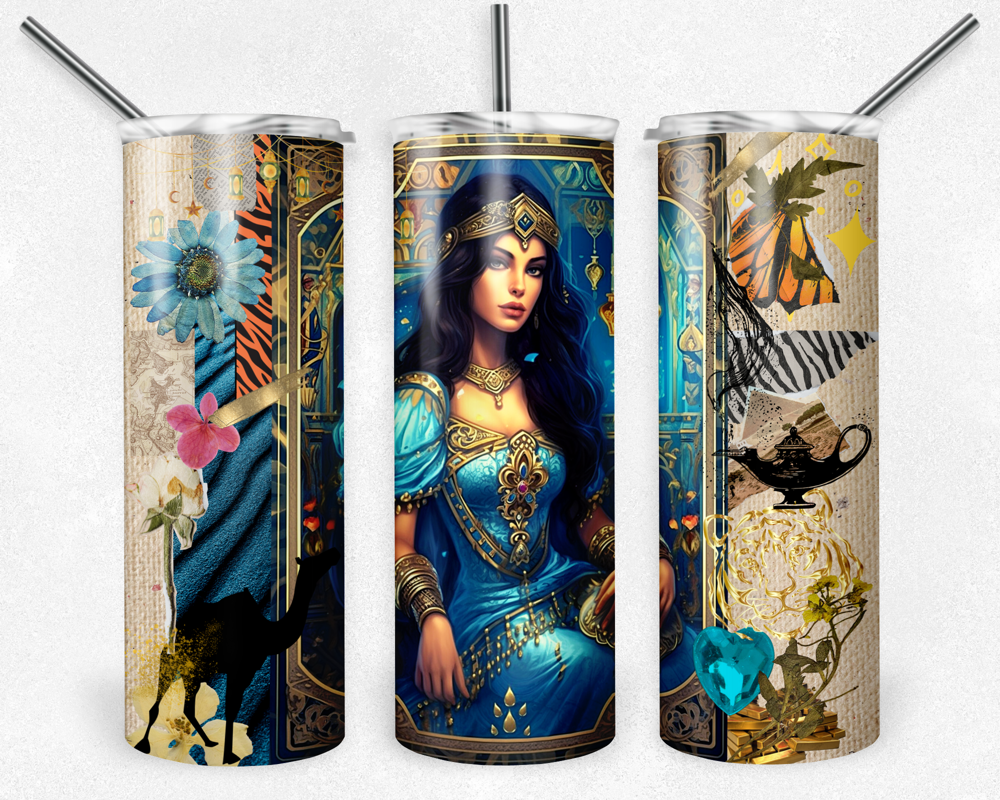 Princess 20 oz. skinny tumbler with a tiger, camel, genie lamp.