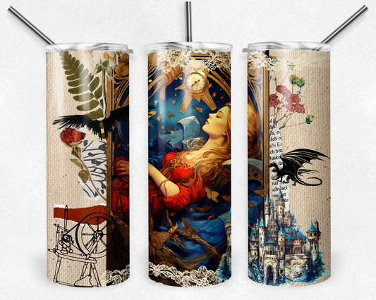 Sleeping princess 20 oz. skinny tumbler. Image includes spinning wheel, dragon, crow, and castle. - Mayan Sub Shop