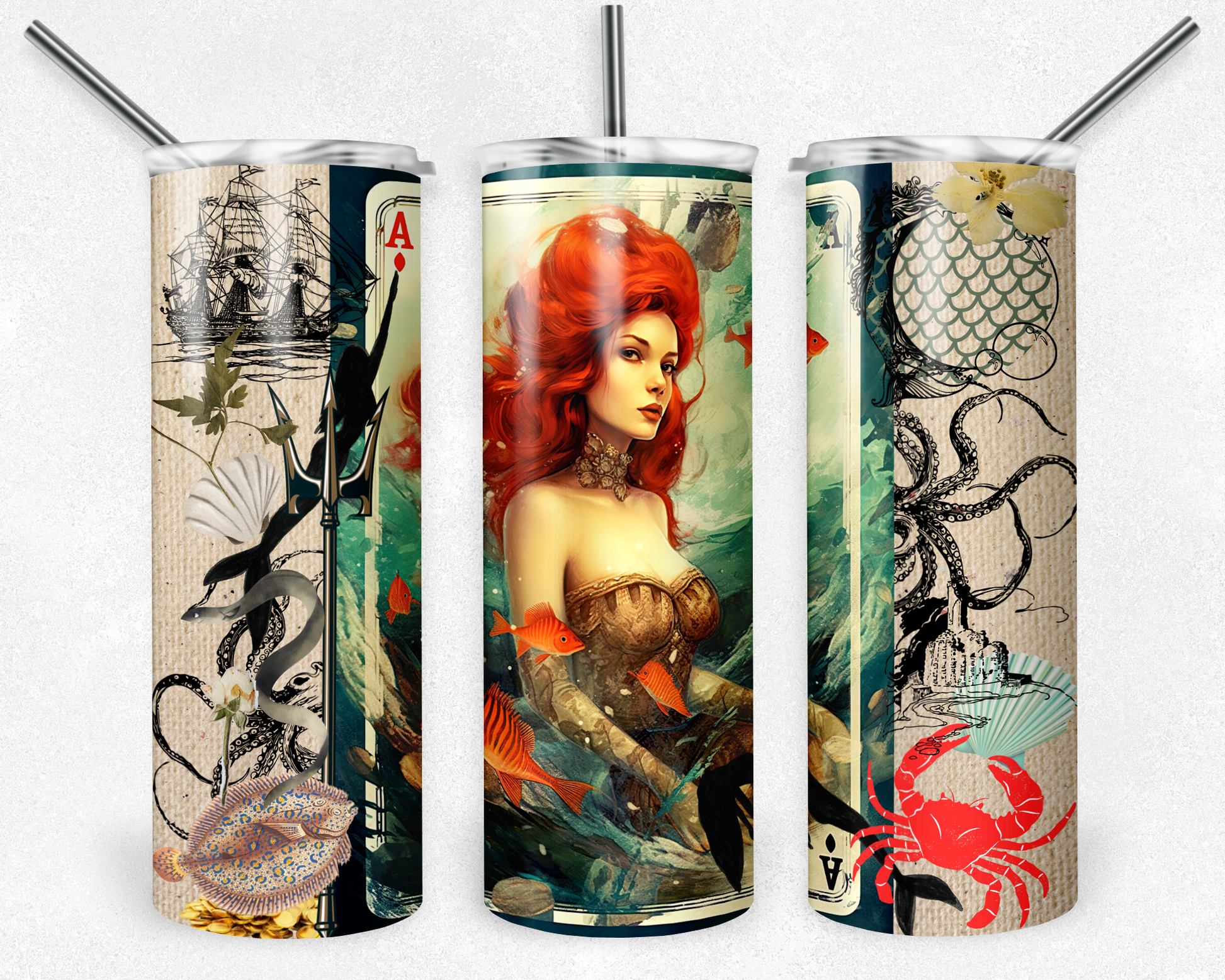 Ocean mermaid 20 oz. skinny tumbler. Design has a mermaid, ship, octopus, seashells, and crab.