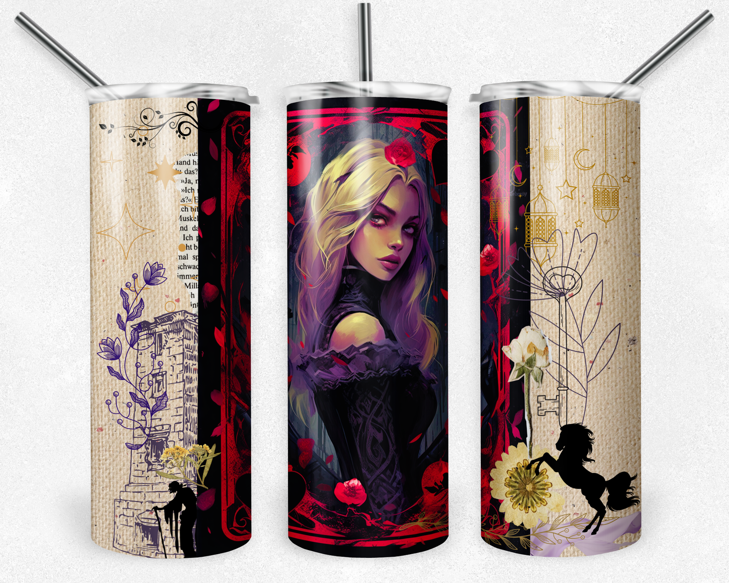 Princess with long hair in tower 20 oz. skinny tumbler.