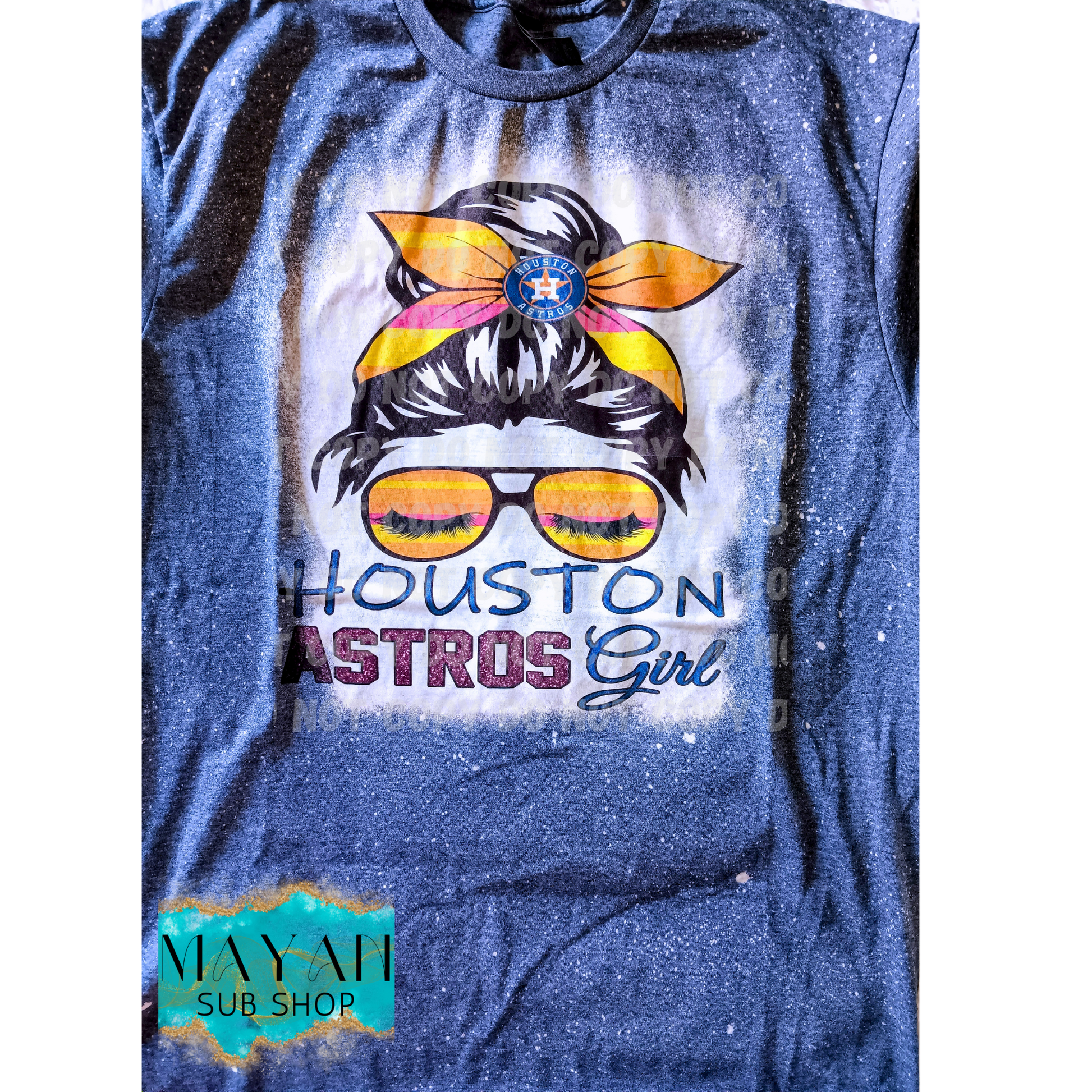 Astros Girl Messy Bun Bleached Shirt - Mayan Craft Shop