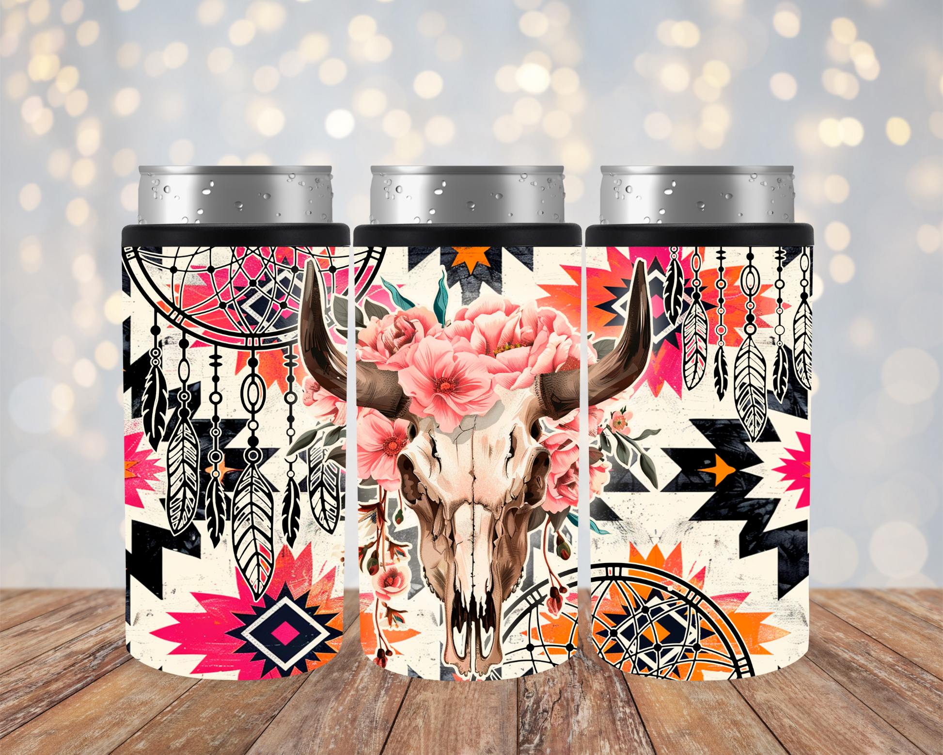 Aztec cow skull slim can cooler. -Mayan Craft Shop