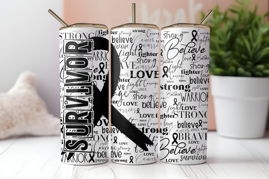 Black Cancer Survivor Ribbon 20 oz. Skinny Tumbler - Mayan Sub Shop