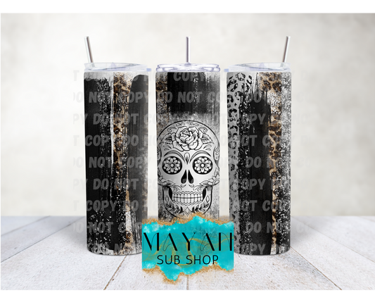 Black leopard sugar skull 20 oz. skinny tumbler. -Mayan Sub Shop