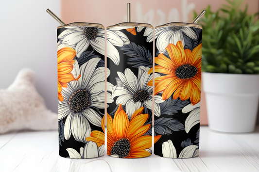 Orange black daisies 20 oz. skinny tumbler. -Mayan Sub Shop