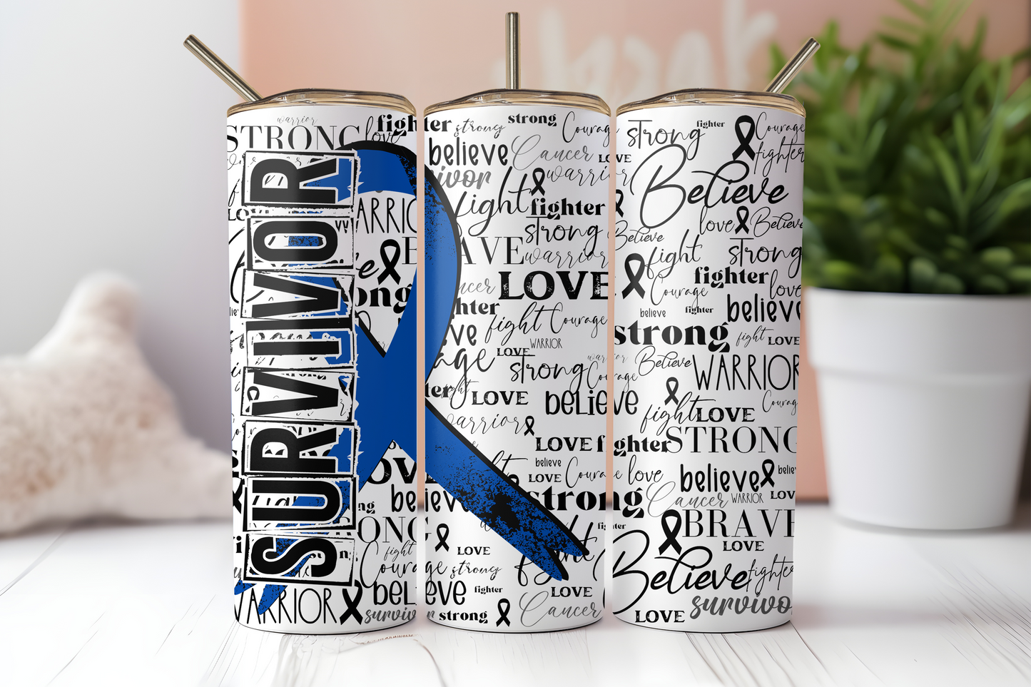 Dark blue cancer survivor ribbon 20 oz. skinny tumbler. -Mayan Sub Shop