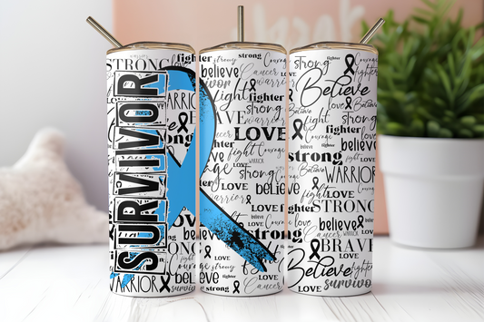 Light blue cancer survivor ribbon 20 oz. skinny tumbler. -Mayan Sub Shop