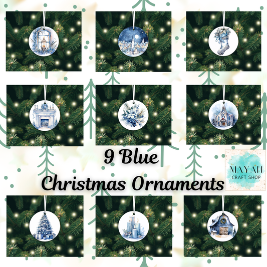9 Blue Christmas Ornaments on a green tree background with 'Mayan Craft Shop' branding.