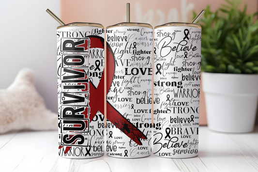 Burgundy cancer survivor ribbon 20 oz. skinny tumbler. -Mayan Sub Shop