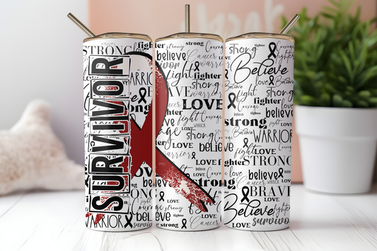 Burgundy/ivory cancer survivor ribbon 20 oz. skinny tumbler. -Mayan Sub Shop