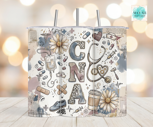Tumbler with 'CNA' design featuring medical symbols and text on a blurred background