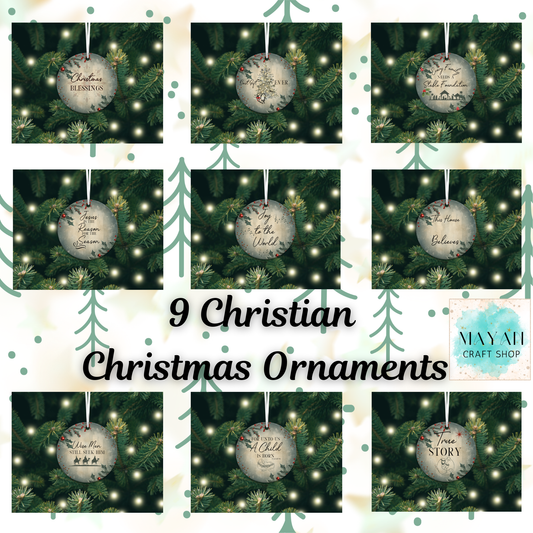 Collage of 9 Christian Christmas ornaments with greenery and text on a decorative background.