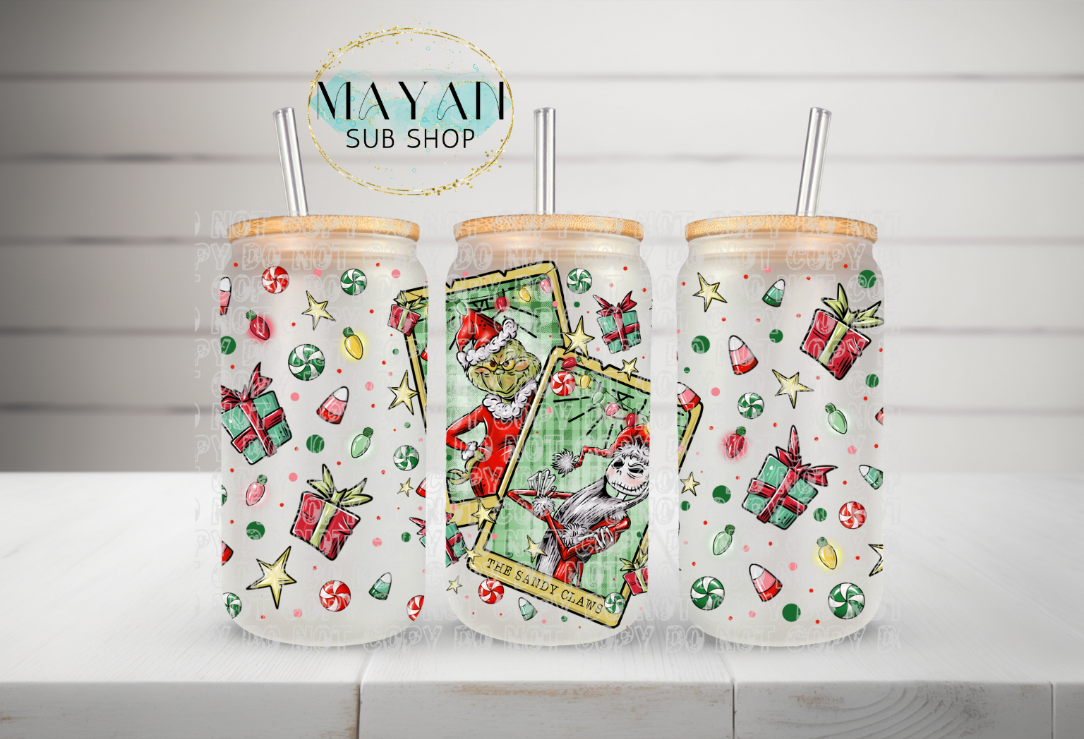 Christmas Santa's tarot cards 16 oz. frosted glass can. -Mayan Sub Shop