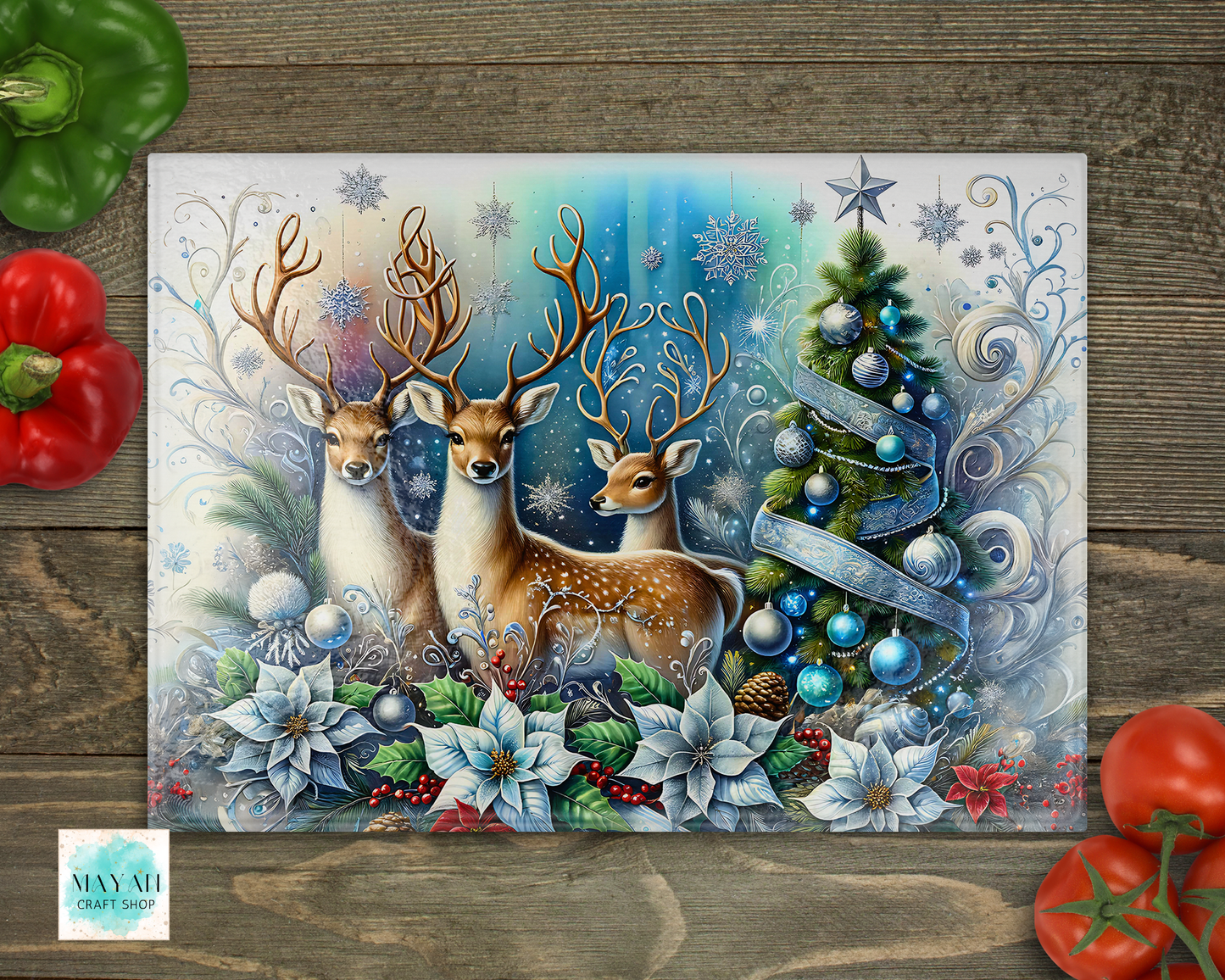 Christmas deer cutting board. -Mayan Craft Shop