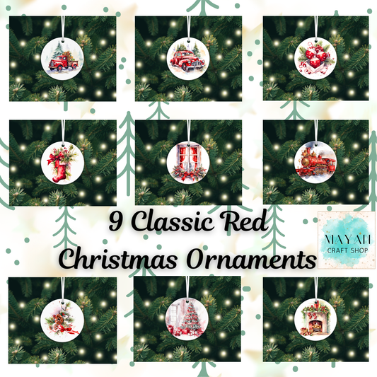 Collage of 9 classic red Christmas ornaments on a green tree background with 'Mayan Craft Shop' branding.