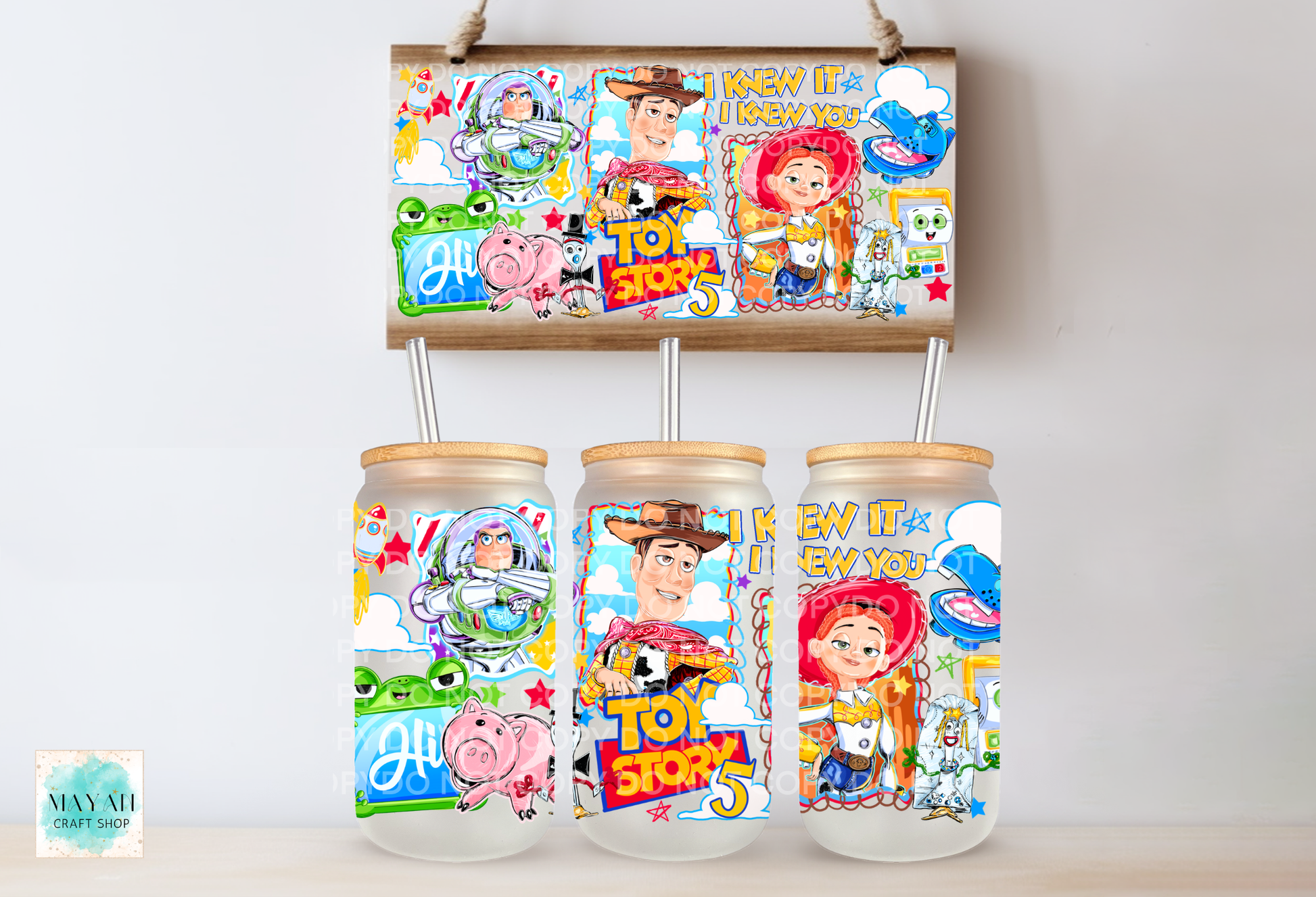 Three jars with character designs on a white background