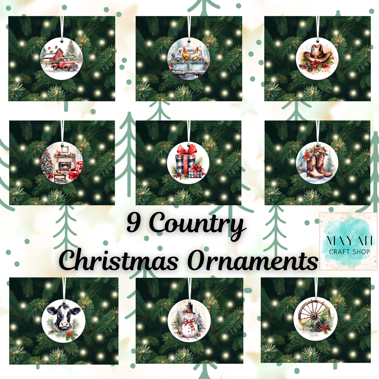 Collage of 9 Country Christmas Ornaments on a green tree background with lights.