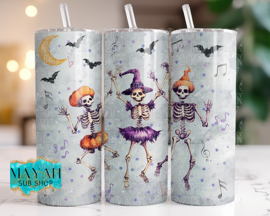 Dancing skeletons 20 oz. skinny tumbler. -Mayan Sub Shop