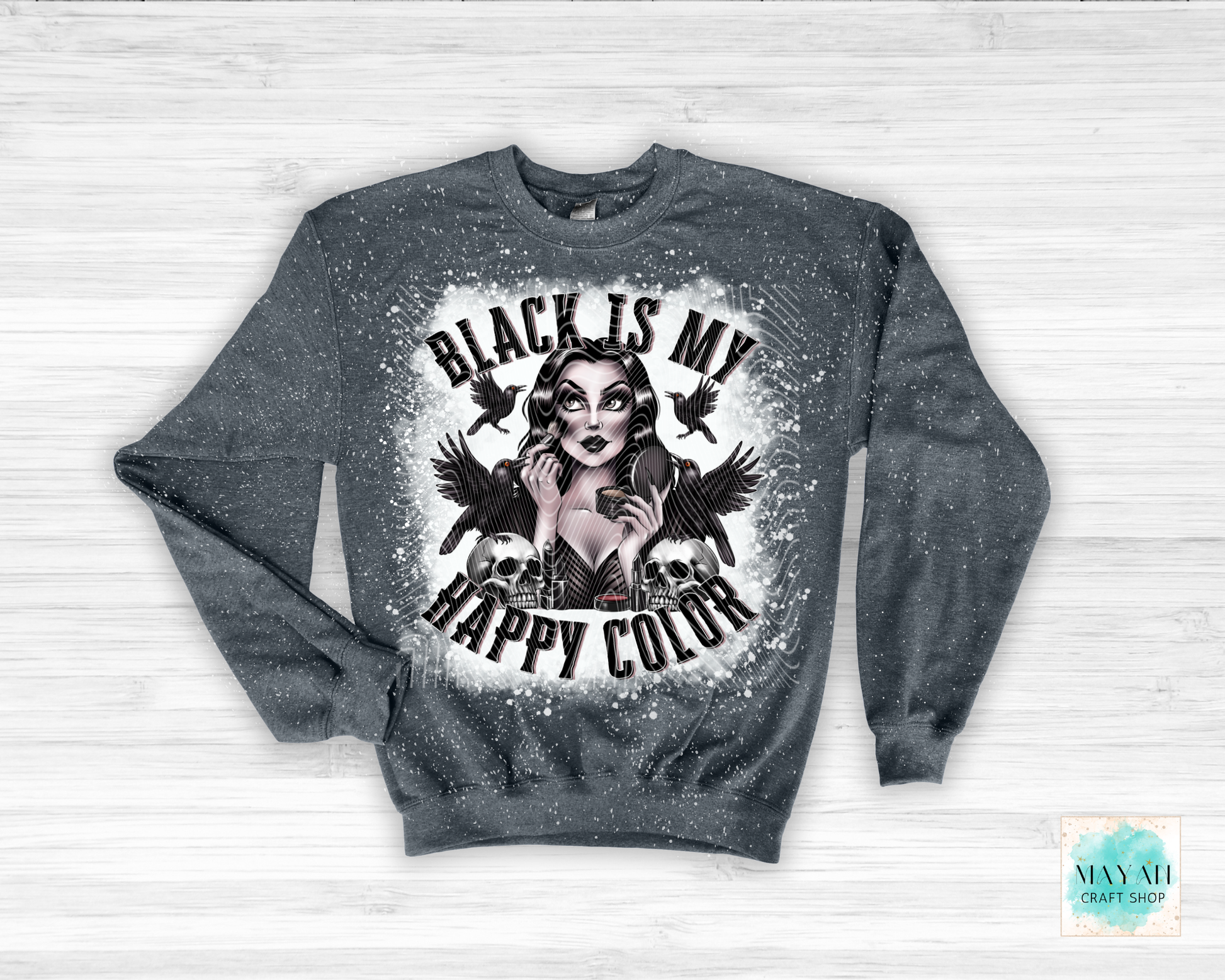 Gray sweatshirt with a graphic design featuring a woman and text on a white background