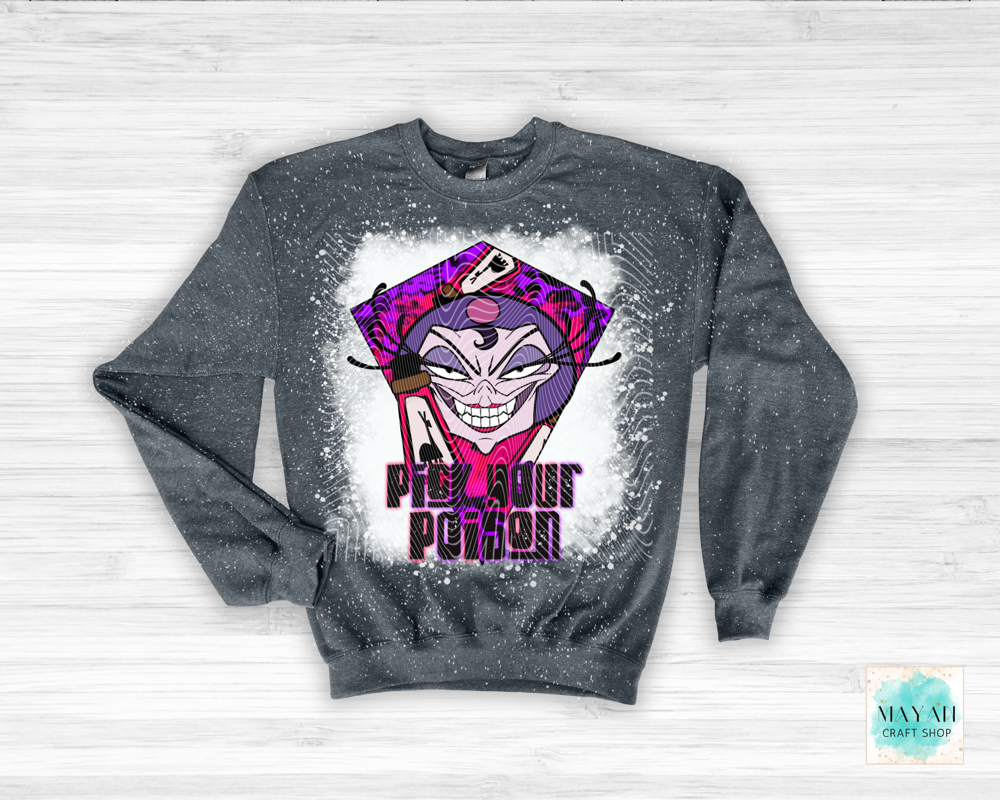 Gray sweatshirt with a colorful Villain design on a white background