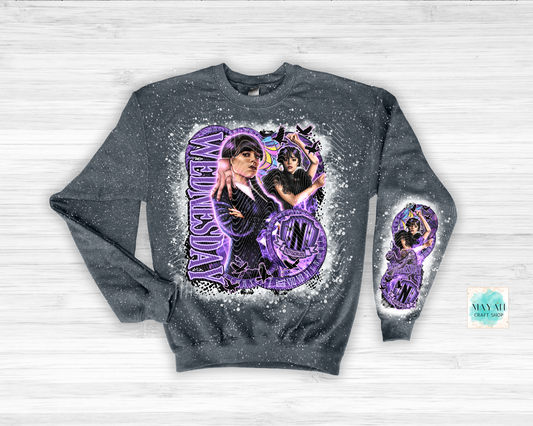 Gray sweatshirt with a graphic design of two people and a purple heart on a white background