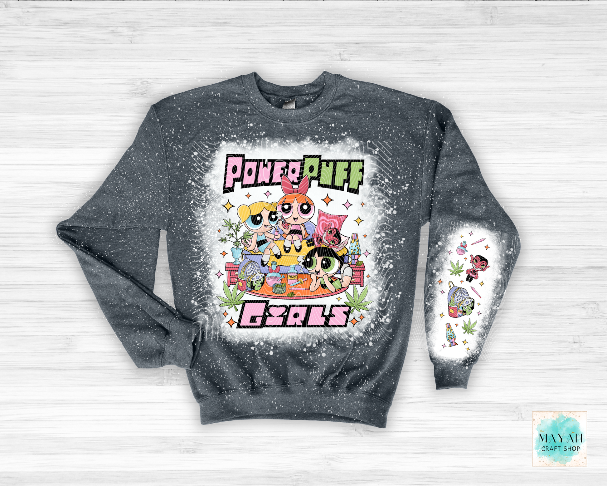 Gray bleached sweatshirt with vibrant graphic on a white background