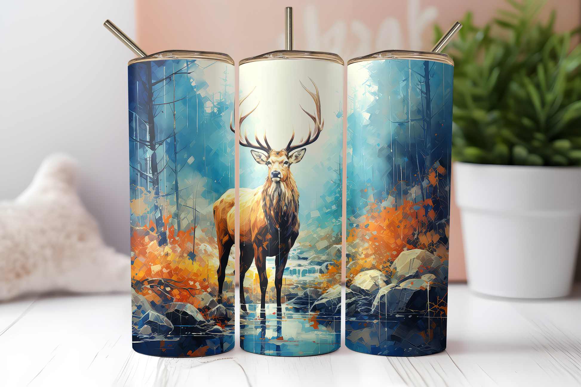 Deer in water 20 oz. skinny tumbler. -Mayan Sub Shop