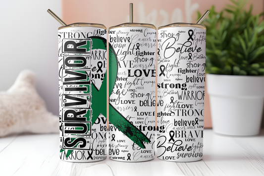 Emerald green cancer survivor ribbon 20 oz. skinny tumbler. -Mayan Sub Shop