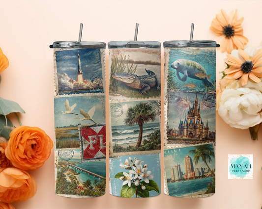 Three tumblers with Florida-themed designs on a decorative background with flowers.