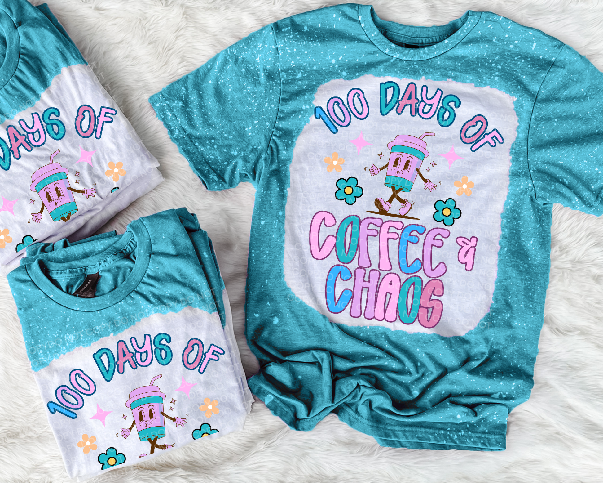 Teal t-shirt with '100 Days of Coffee & Chaos' text and cartoon character on a white background