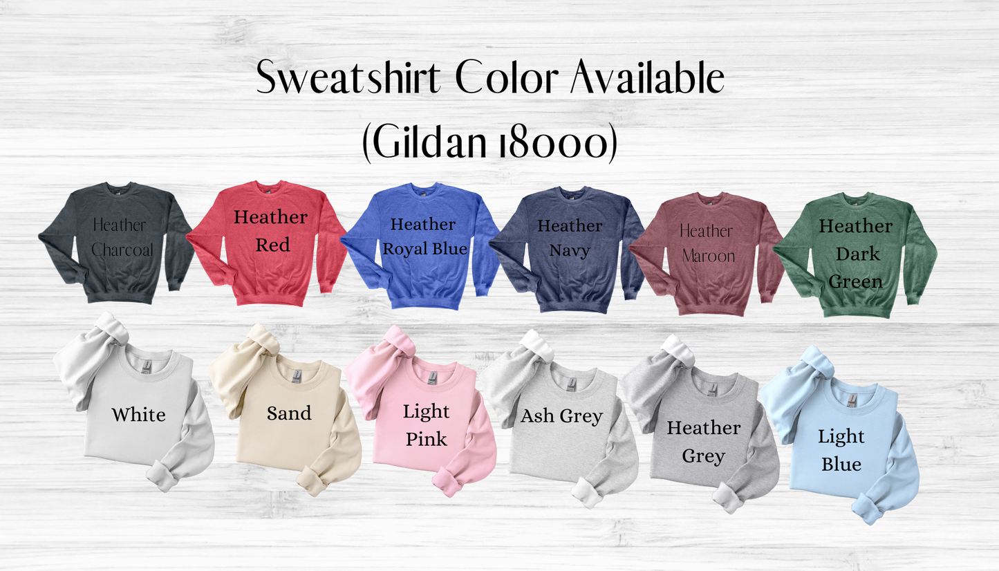 Display of various sweatshirt colors on a white background with text indicating color availability.