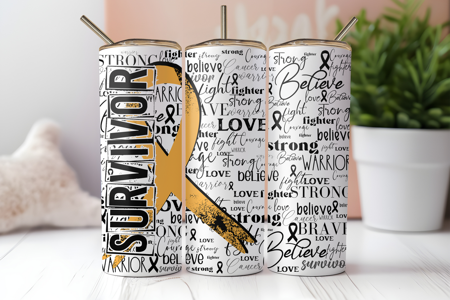 Gold cancer survivor ribbon 20 oz. skinny tumbler. -Mayn Sub Shop