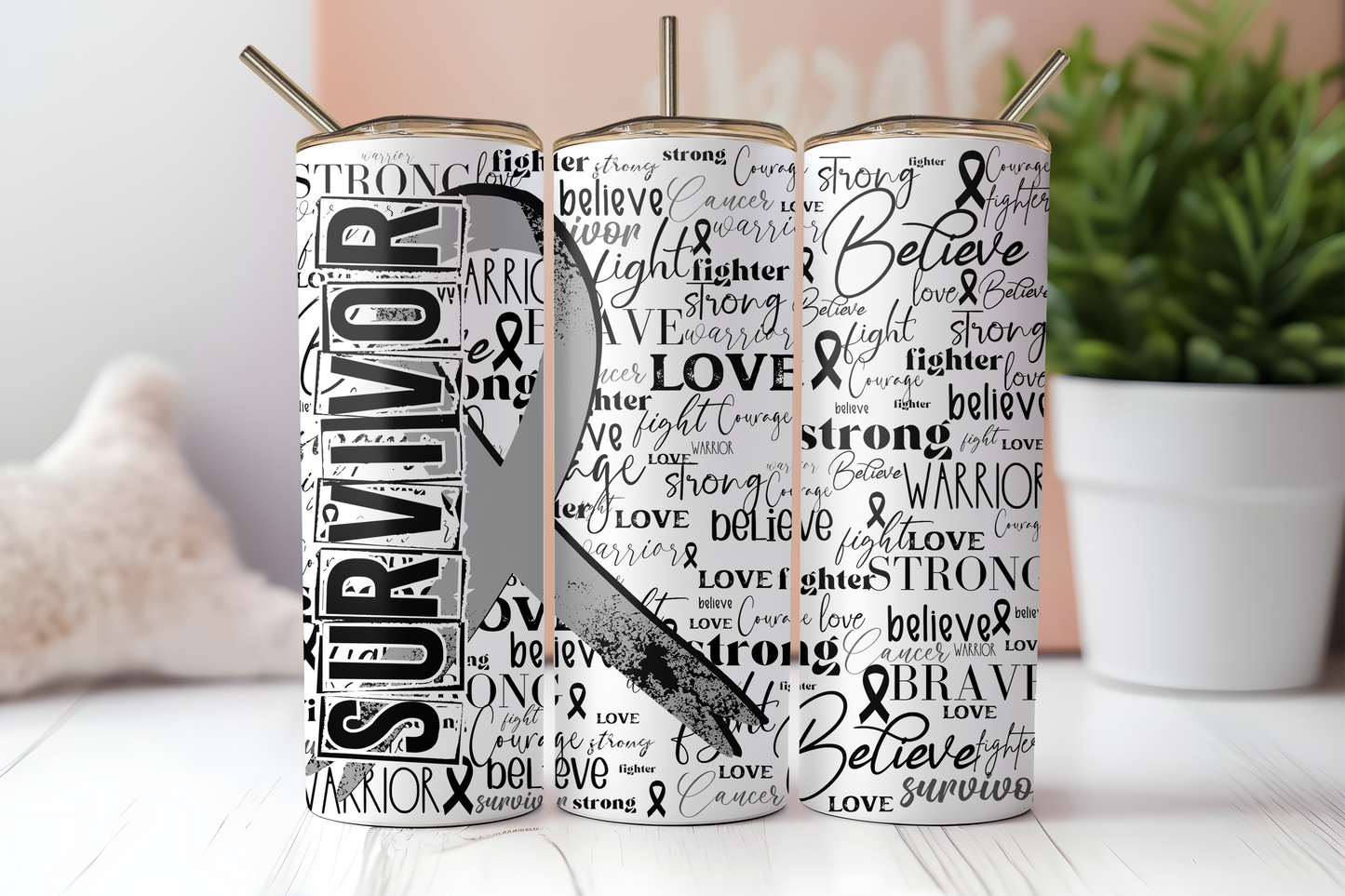 Grey cancer survivor ribbon 20 oz. skinny tumbler. -Mayan Sub Shop