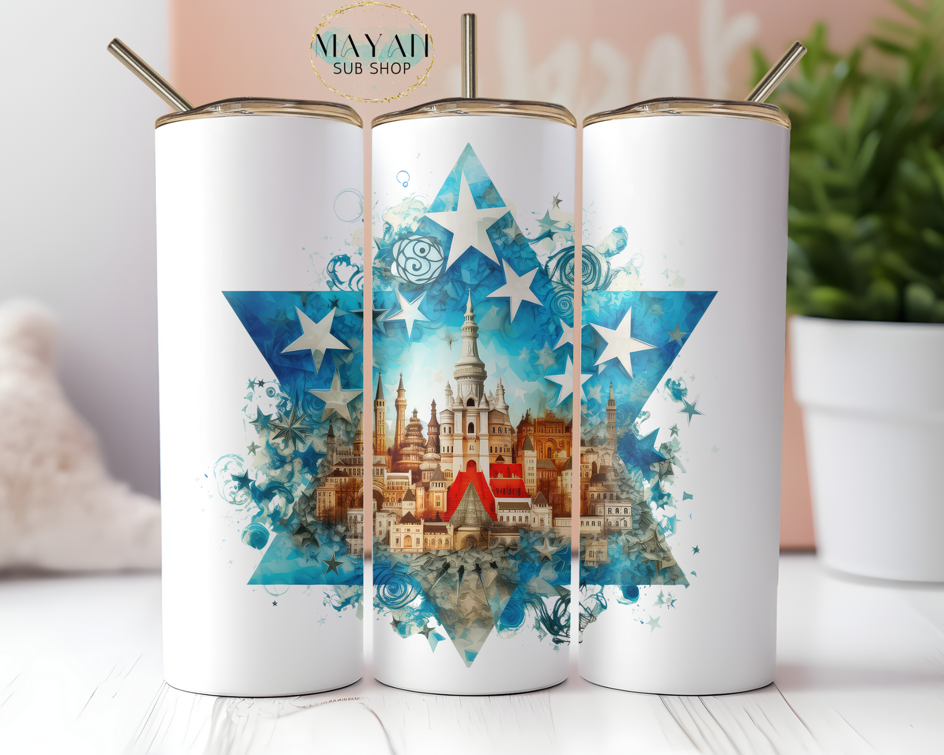 Hanukkah city 20 oz. skinny tumbler. -Mayan Sub Shop