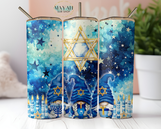 Hanukkah gnomes 20 oz. skinny tumbler. -Mayan Sub Shop