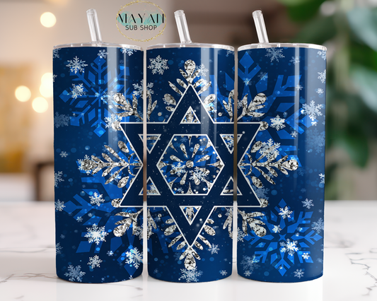 Hanukkah snowflakes 20 oz. skinny tumbler. -Mayan Sub Shop