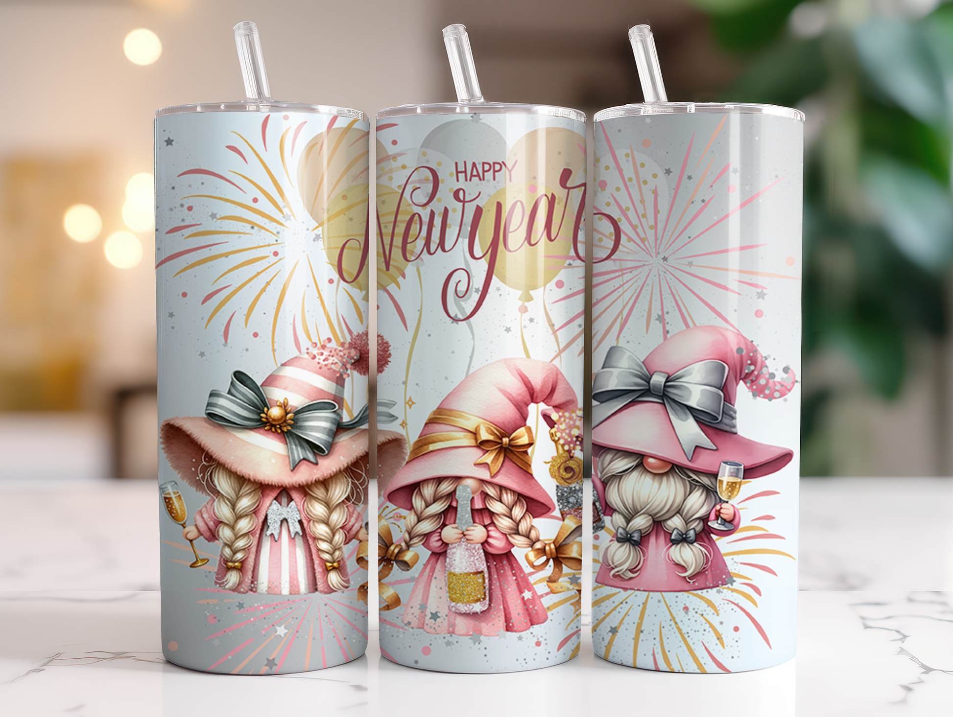 Happy New Year gnomes 20 oz. skinny tumbler. -Mayan Sub Shop